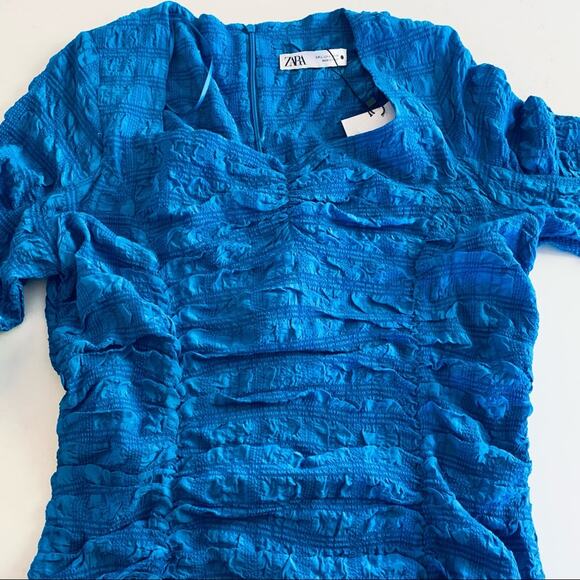 Zara Bright Blue Ruched  Bodycon Midi Dress  Bloggers Favorite Size L - Picture 6 of 12